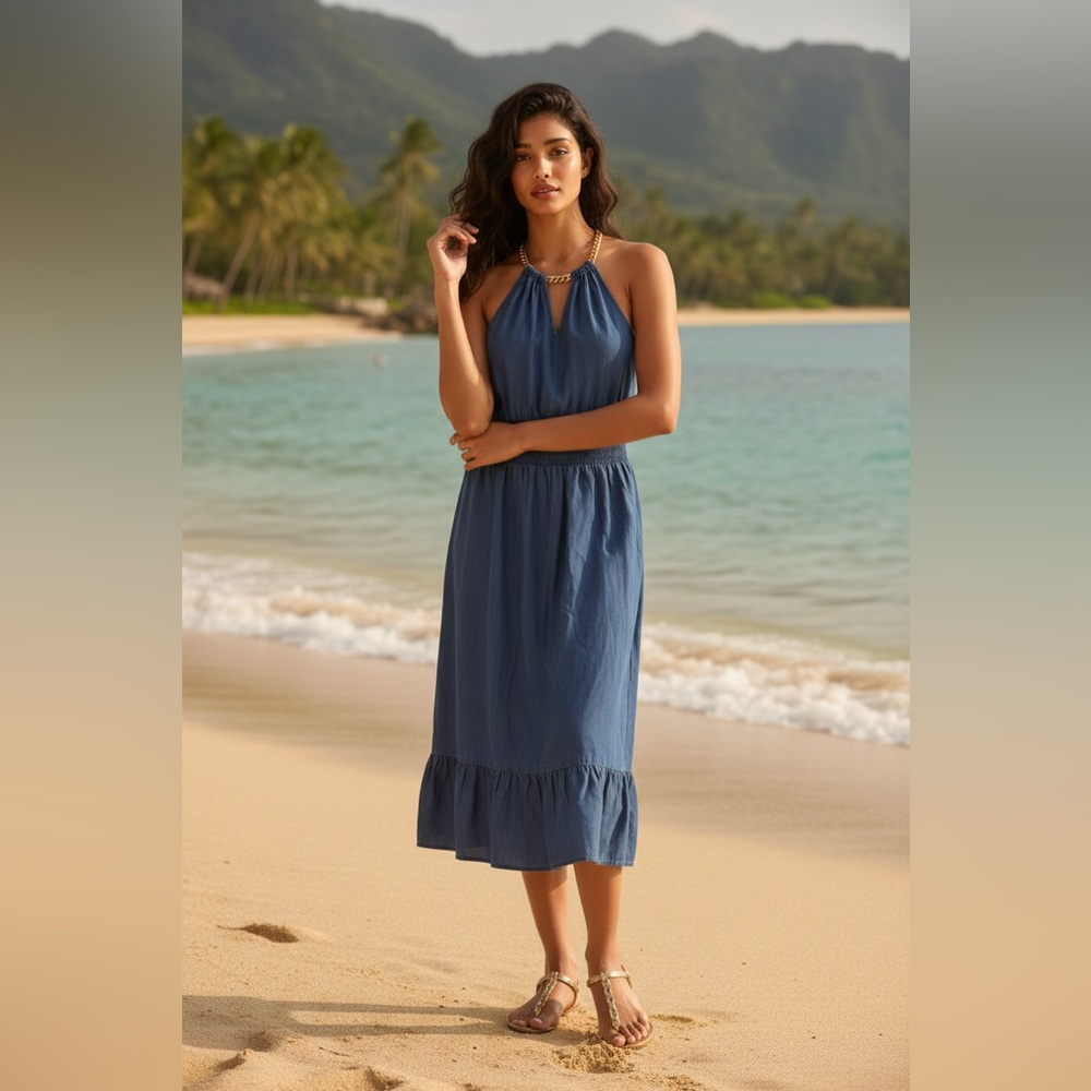 Michael Kors Chambray Halter Dress with Gold Chain